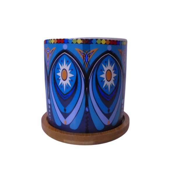 Succulent Pots 3 inch Mandala Boho Blue Ceramic with Bamboo Trays 2 Pcs Set - Picture 2 of 6